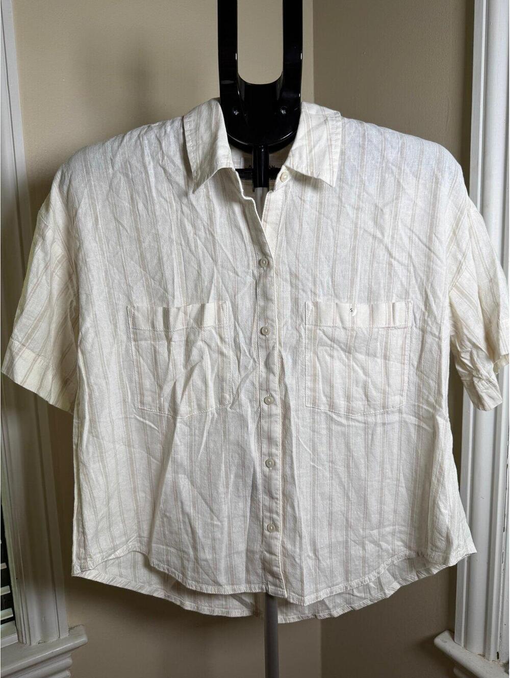 American Eagle Women’s Linen Blend Button Front Shirt Ivory Sleeve Camp Shirt